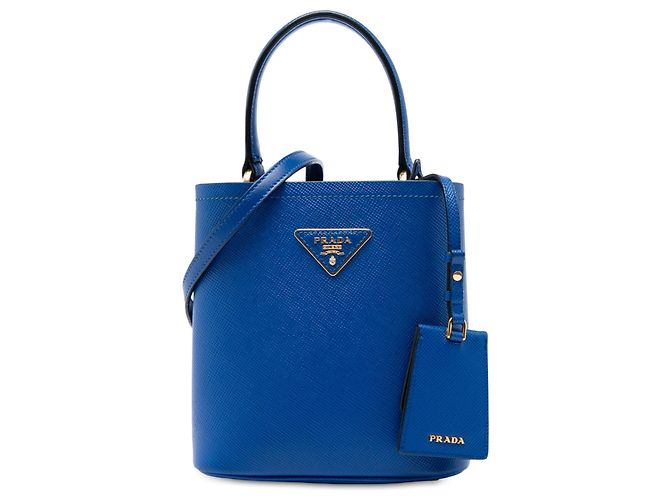 Prada Bolsa Satchel Panier Small em Couro Saffiano Azul