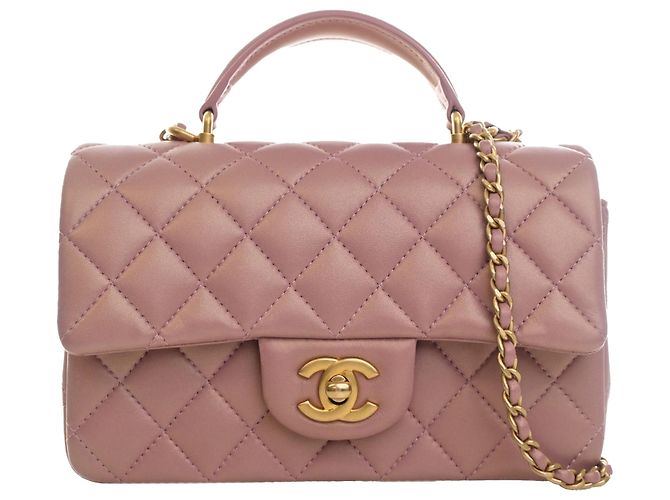 Chanel Mini Rectangular Classic Flap com alça de mão em pele de cordeiro rosa