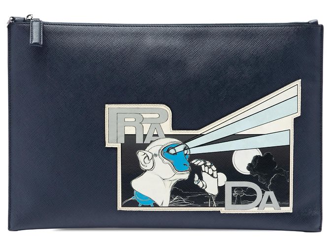 Prada Blue Saffiano Monkey Robot Clutch Blau Marineblau