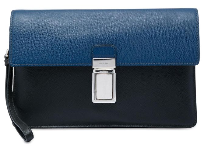 Prada Black Bicolor Saffiano Push Lock Clutch Schwarz