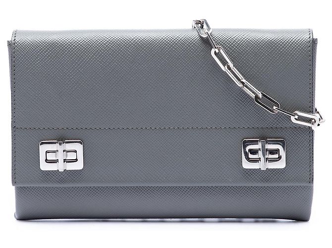 Prada Gray Saffiano Cuir Twist Lock Chain Flap Marron