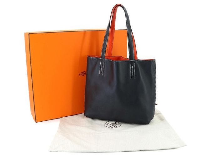 Hermès Sac à main cabas réversible Hermes Double Sens 28 Noir Orange