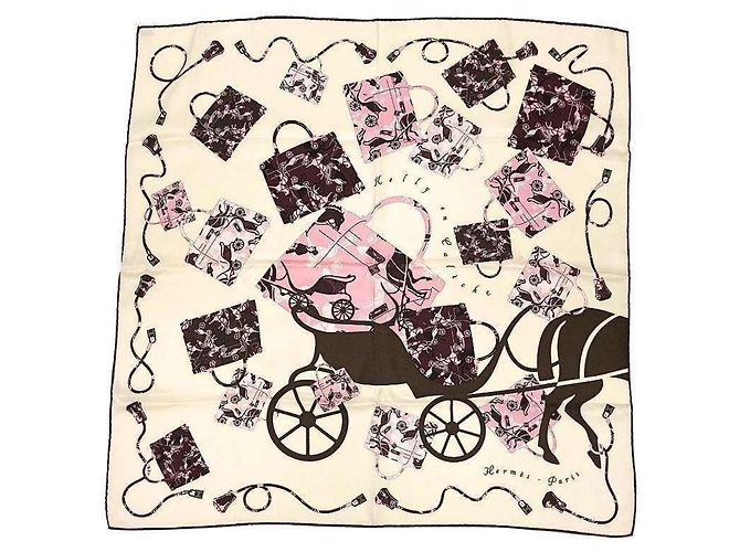 Kelly Pañuelo de seda Hermès con estampado de carruaje y caballos Rosa Roja Beige