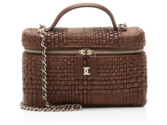 Chanel Vanity Case Slim com alça de mão em ráfia trançada Marrom