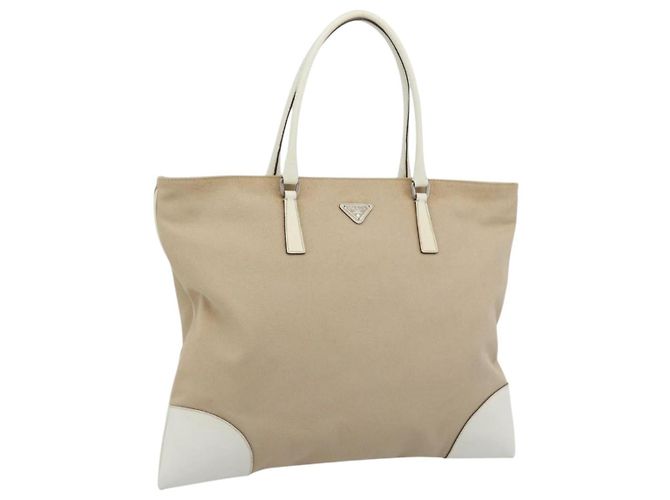 PRADA Tote Bag Canvas Beige Silver