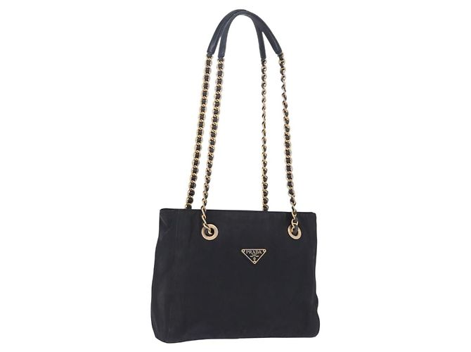 PRADA Chain Shoulder Tote Bag Nylon Schwarz Gold