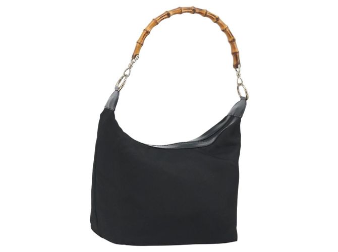 GUCCI Bamboo Hand Bag Nylon Black Silver