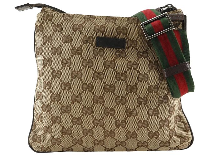 Sac messager zippé Gucci Web Strap en toile GG et cuir Small Marron