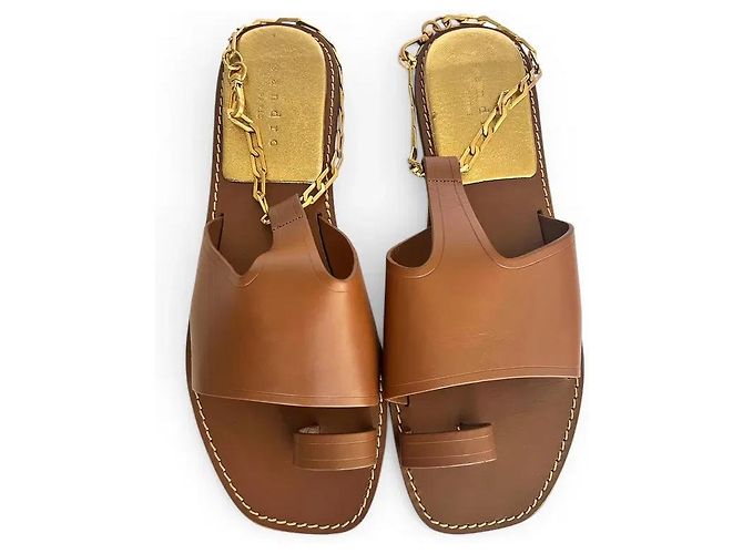Sandro Camel Leather Flat Sandals with Gold Chain