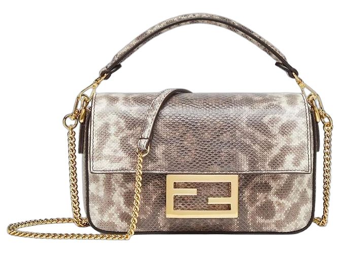 Sac Fendi Baguette en cuir de python Marron Beige Gris