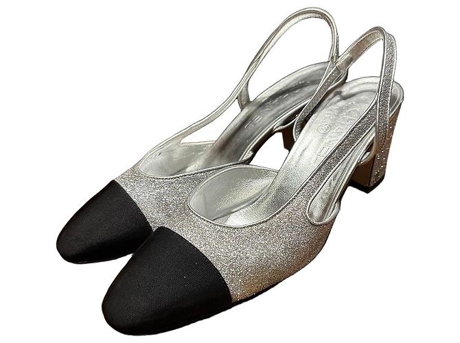 Chanel Décolleté Slingback Argento Glitter Punta Nera Nero Silver hardware