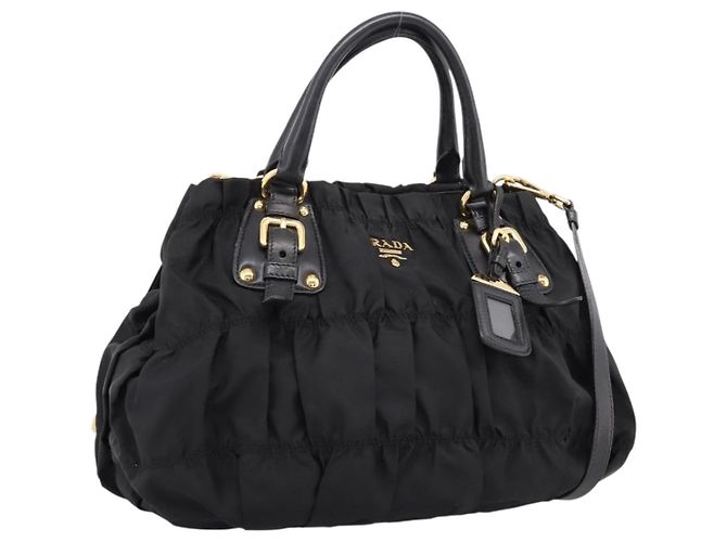 PRADA Geraffte Handtasche Nylon 2way Schwarz Gold Auth 199147V Golden