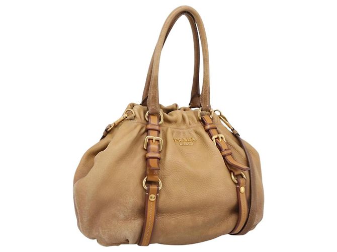 Bolsa de mão PRADA em couro 2way Bege Dourado Auth 199056