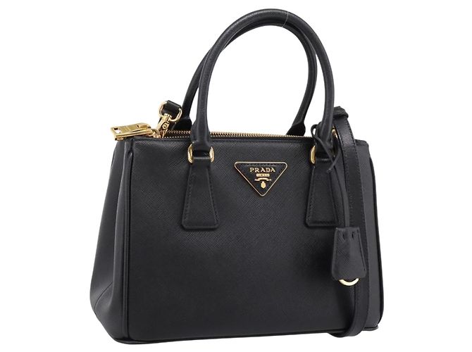 PRADA Handtasche Saffiano 2way Schwarz Goldfarben Auth 199176M