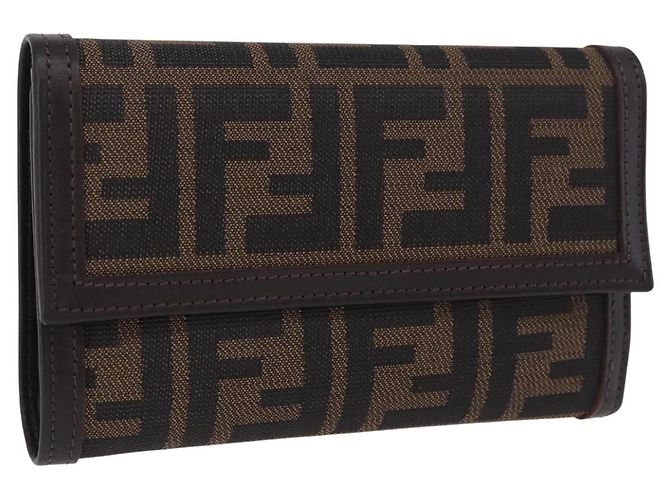 FENDI Zucca Canvas Compact Trifold Wallet Black Brown Auth am12383V