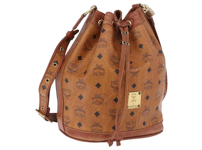 Borsa a tracolla MCM Vicetos Logogram PVC Leather Brown Gold Auth 200898 Marrone D'oro