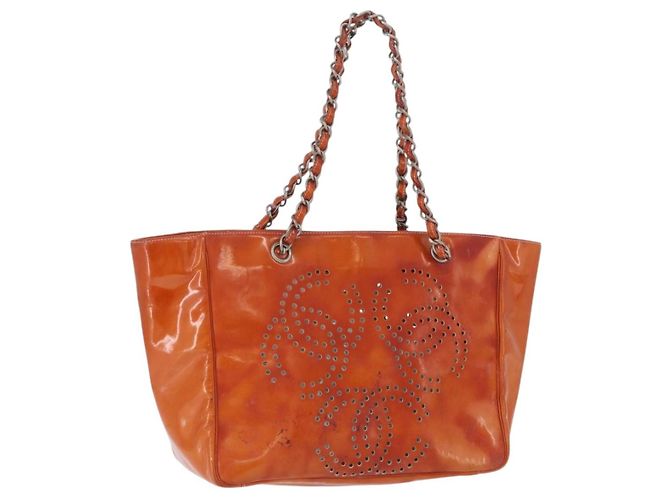 Bolsa de Ombro CHANEL Triple Coco Chain Verniz Laranja Silver CC Auth 200643 Prata