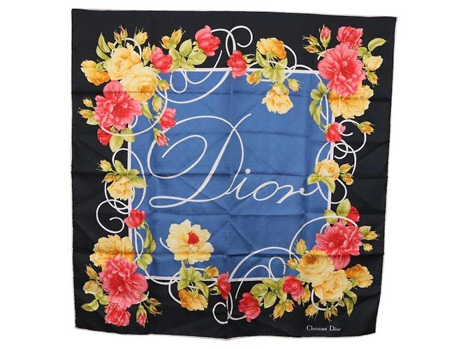 Christian Dior floraler Seidenschal Schwarz Blau Auth am12095M