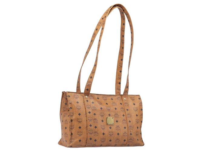 MCM Vicetos Logogram Tote Bag PVC Leather Brown Gold Auth 200953 Braun Golden