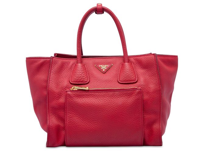 Borsa Tote convertibile Prada Vitello Daino rossa con tasca frontale Rosso