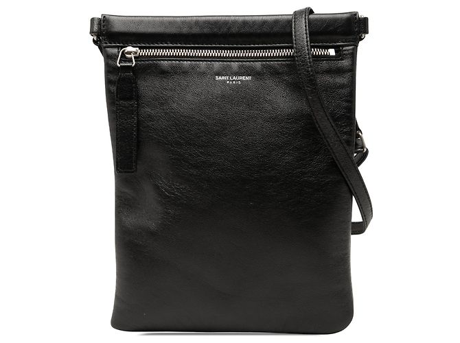 Borsa a tracolla piatta Sid Saint Laurent in pelle d'agnello invecchiata nera Nero