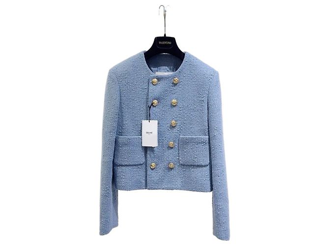 Céline Blue Tweed Double Breasted Jacket 40 Multiple colors