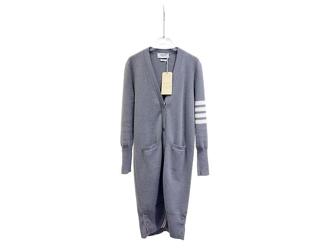 Cardigã longo Thom Browne riscas 4-bar cinza de lã Multicor