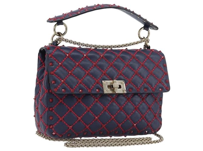 Valentino Garavani Rockstud Spike Flap Quilted Leather Medium Blu navy