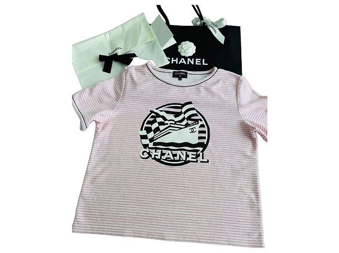 T-shirt Chanel a righe rosa e bianche con logo Nero Bianco