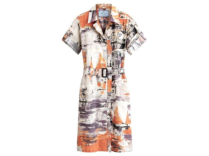 Prada Hemdenkleid mit Mittelmeer-Print Schwarz Weiß Orange Grau