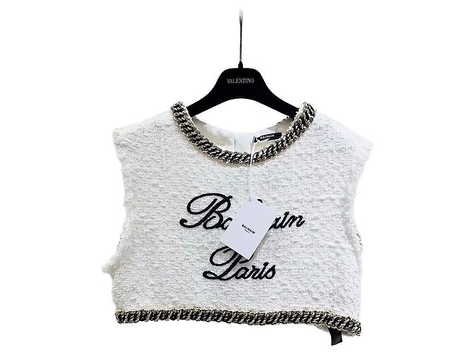 Top Balmain de Tweed Blanco con Ribete de Cadena Talla 38 Multicolor