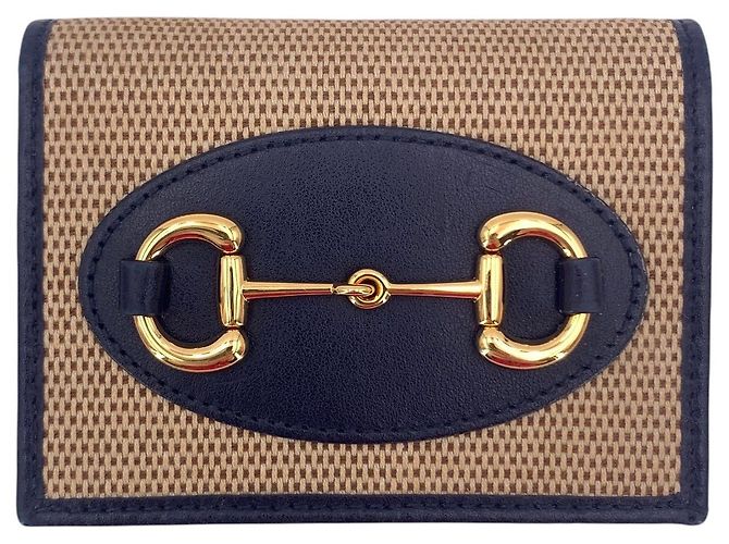 Horsebit 1955 Gucci Carteira compacta bifold 1955 em couro bege e azul com horsebit