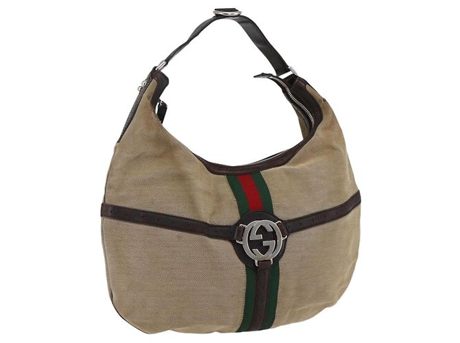GUCCI Web Sherry Line Shoulder Bag Canvas Beige Silver 114871