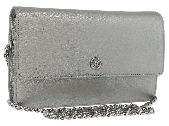 CHANEL Chain Wallet Shoulder Bag Leather Silver CC