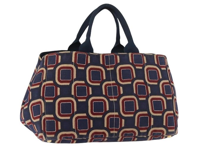 PRADA Canapa L Hand Bag Canvas Navy Gold