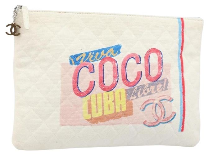 CHANEL Matelasse Clutch Bag Canvas White Silver CC