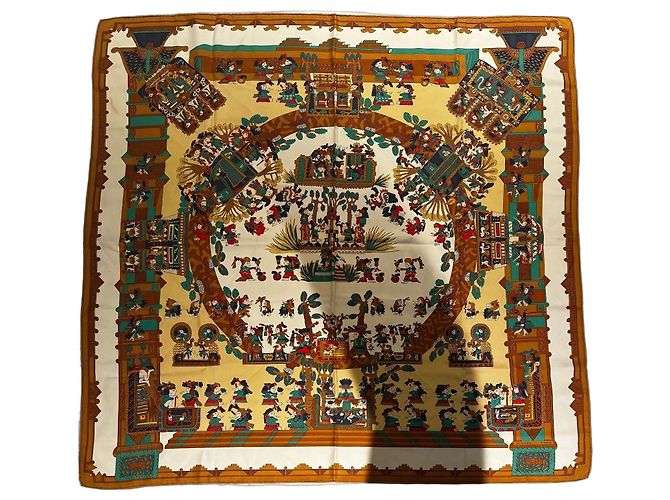 Hermès "Astres et Soleils" silk square Brown White Red Green Yellow Gold hardware