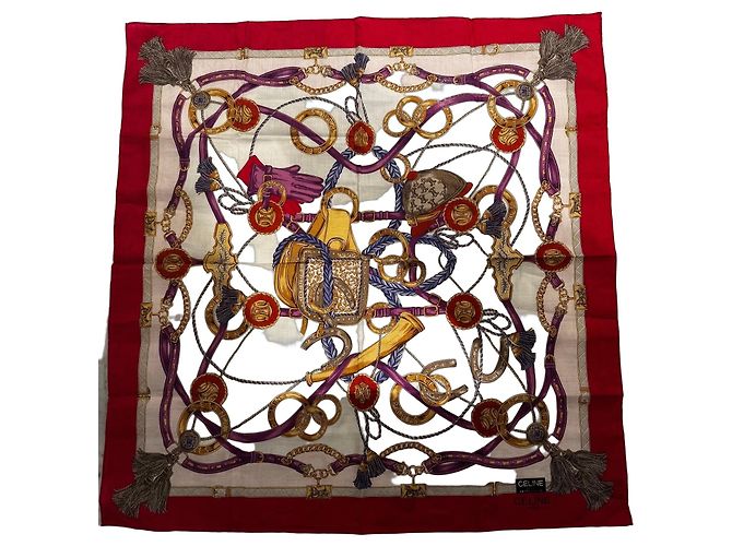 Céline Celine equestrian print silk square Brown White Red Blue Purple Gold hardware