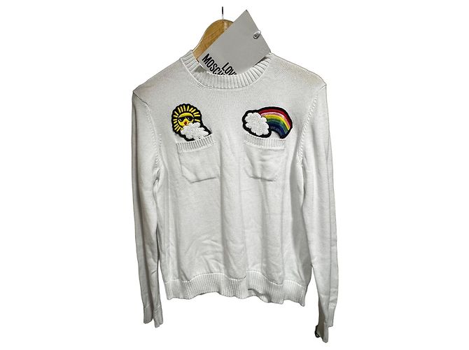 Love Moschino Baumwollpullover mit Sonnen- und Regenbogen-Patches Weiß