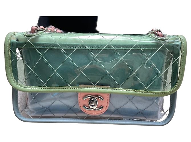Bolsa Chanel Timeless Flap em PVC transparente e couro Rosa Branco Verde Cinza
