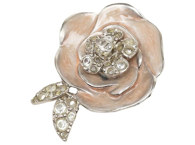 Chanel Silver CC Brosche aus emailliertem Messing Strass Camélia Silber