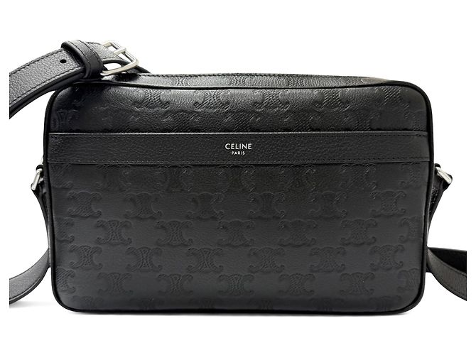 Céline Sac messager Celine Medium Triomphe en cuir de veau embossé noir