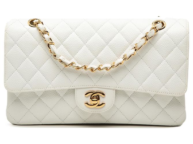 Chanel White Medium Classic Caviar Double Flap Branco