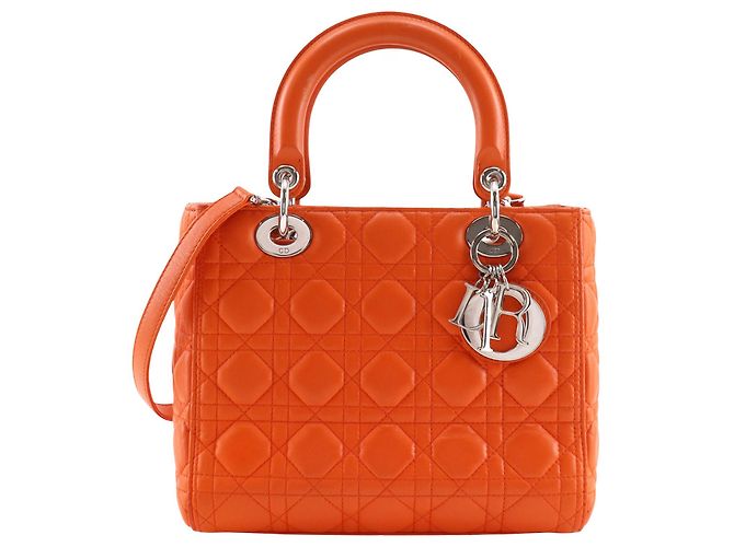 Dior Orange Medium Lambskin Cannage Lady Dior Laranja