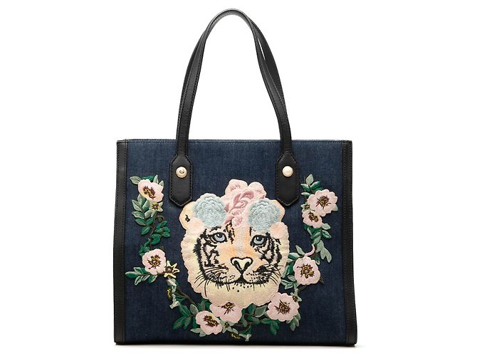 Gucci Blue Denim Tote mit besticktem Tiger Blau Dunkelblau