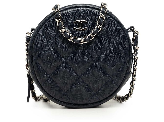 Clutch redonda Chanel Blue CC acolchoada em couro caviar com corrente Azul Azul marinho