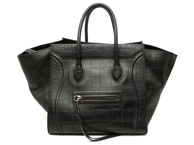 Céline Celine Black Medium Croc Embossed Leather Luggage Phantom Tote