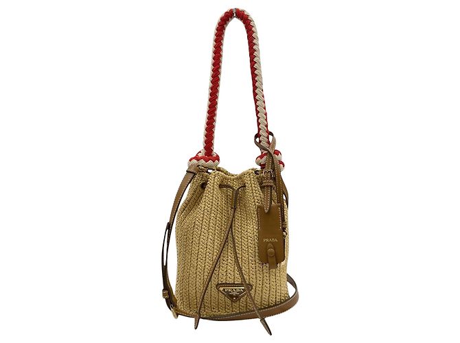 Mini sac seau Prada en crochet effet raphia beige