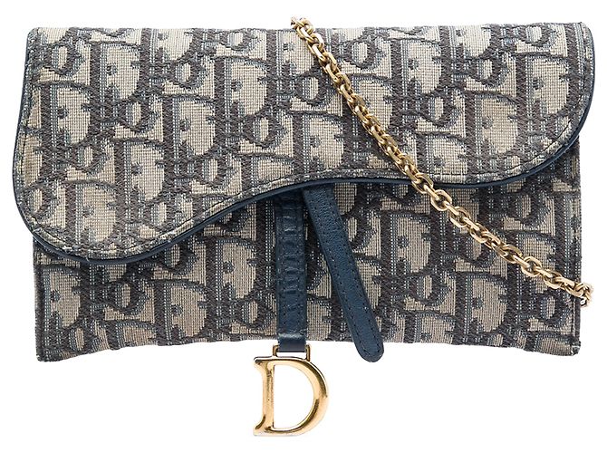 Dior Blue Oblique Canvas Saddle Wallet On Chain Blau Marineblau