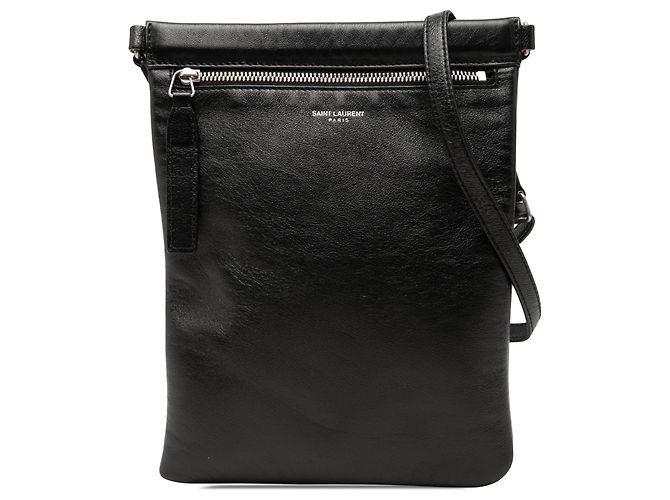 Saint Laurent Sid Flat Crossbody in pelle di agnello nera invecchiata Nero